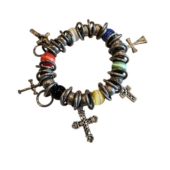 Stretch Bracelet Silver Tone Cross Charms Multicolor Beads Religious Women's - Picture 7 of 7